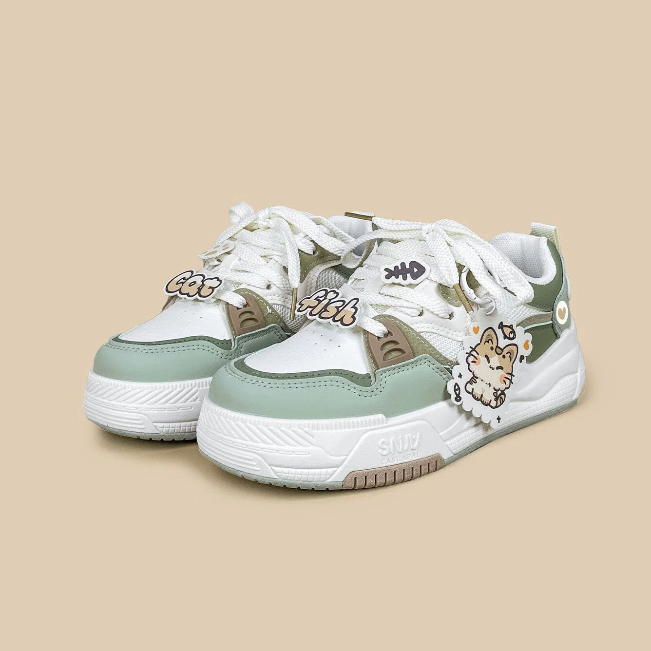 Chubby Neko Matcha Cat & Fish Charm Sneakers - Women's - Image 2
