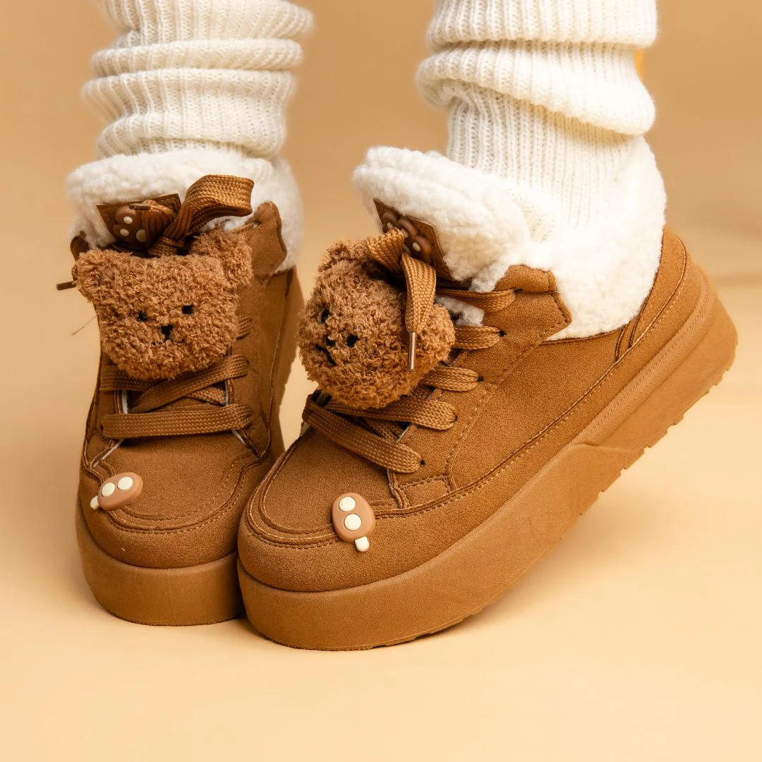Cozy Fluffy Bear Ultra Chunky Brown Mid Top Shoes - Women's - Image 6