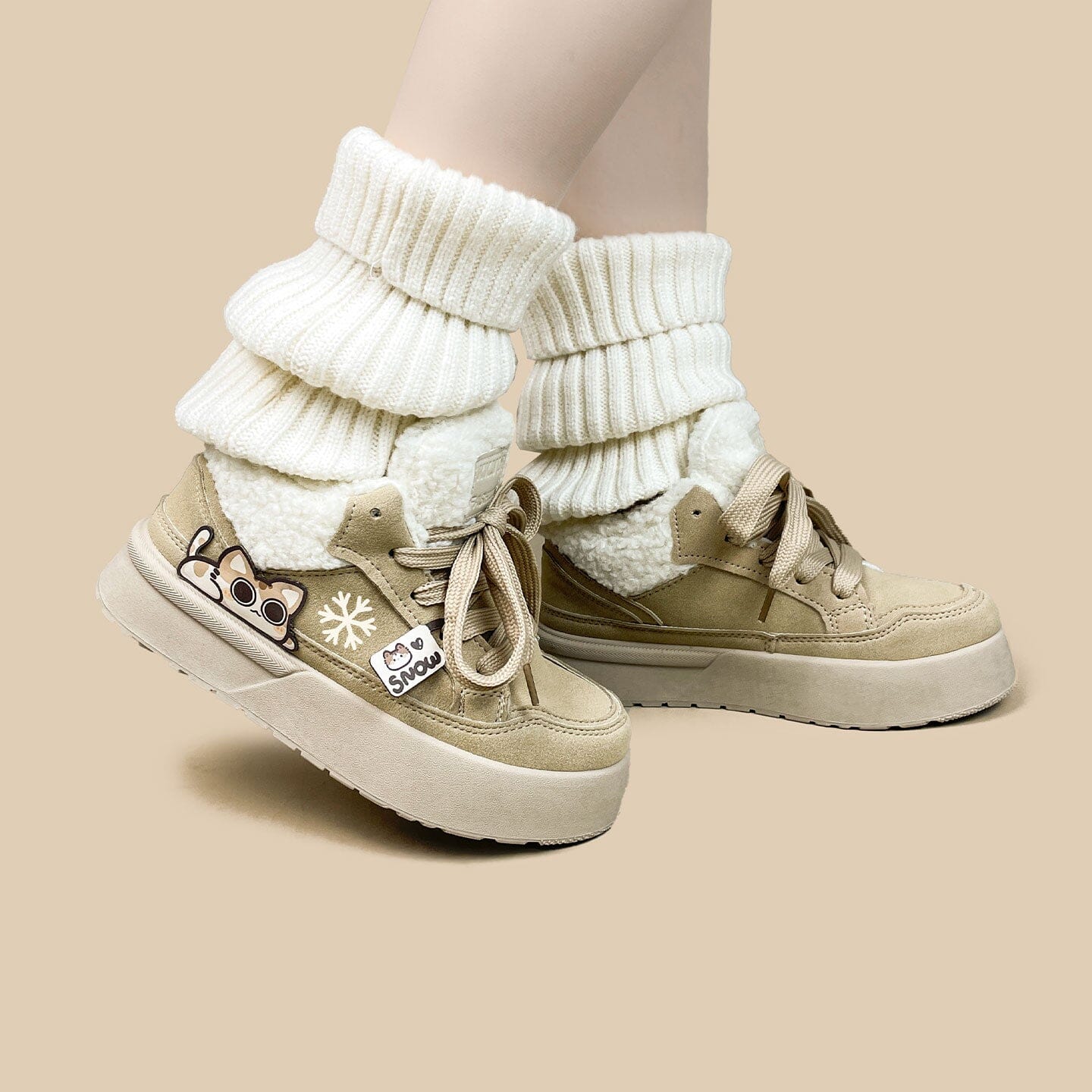 *CLEARANCE* Cozy Kitty Ultra Chunky Beige Mid Top Shoes - Women's - Image 5