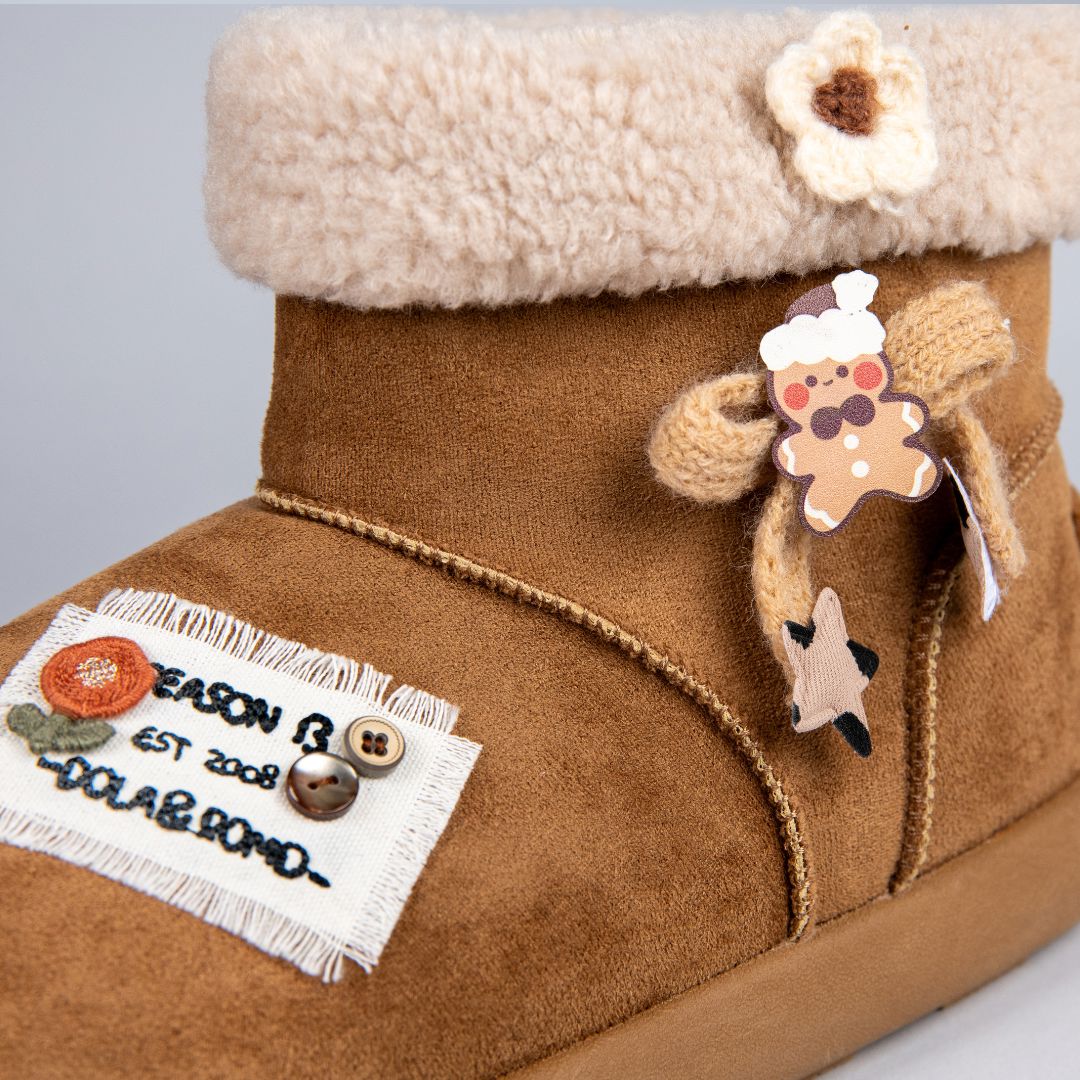*CLEARANCE* Cozy Patchwork and Bows Ultra Soft Beige Winter Boots - Women's - Image 2