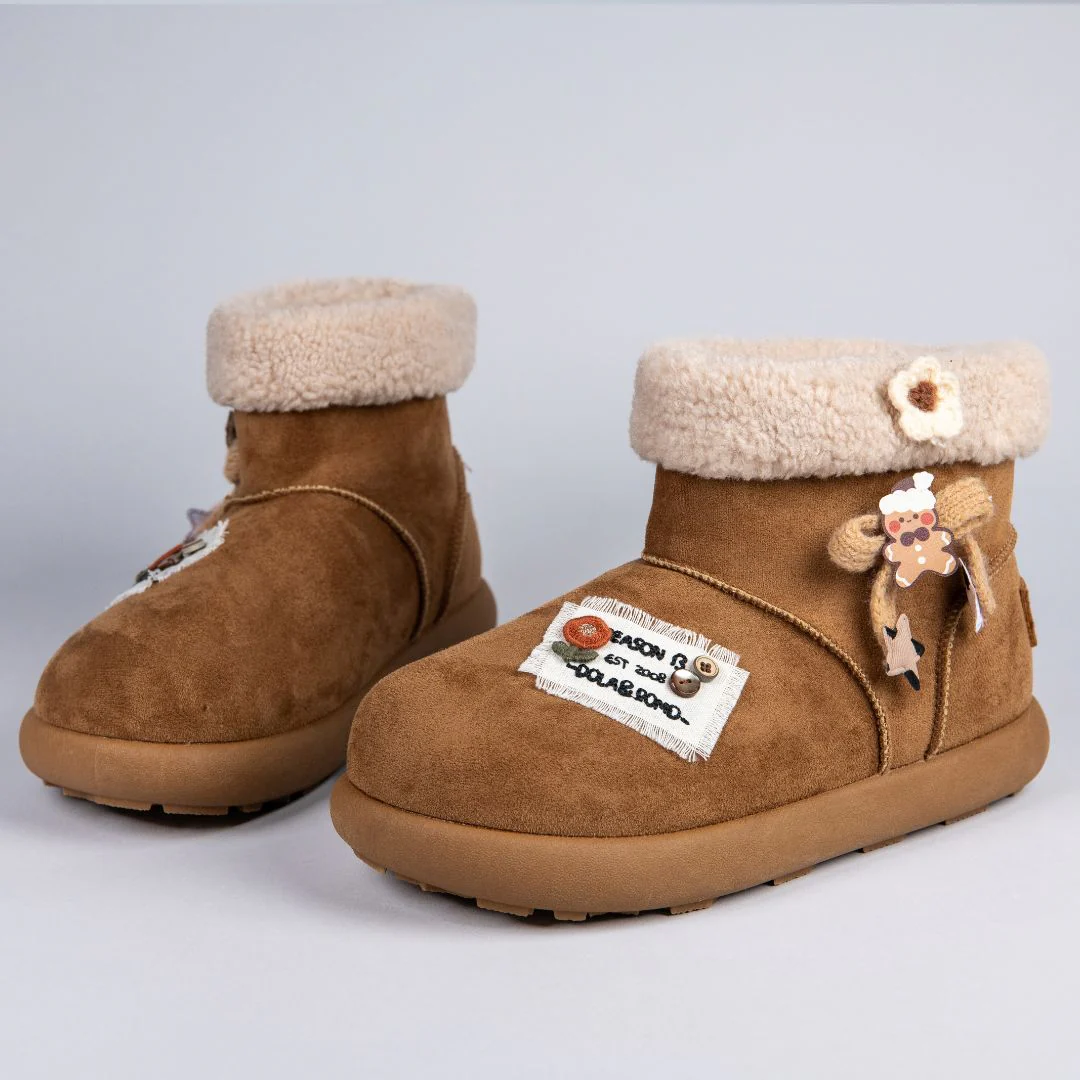 *CLEARANCE* Cozy Patchwork and Bows Ultra Soft Beige Winter Boots - Women's - Image 3