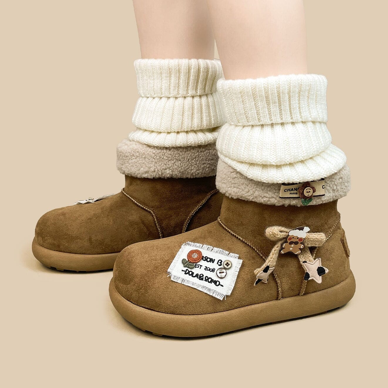 *CLEARANCE* Cozy Patchwork and Bows Ultra Soft Beige Winter Boots - Women's - Image 5