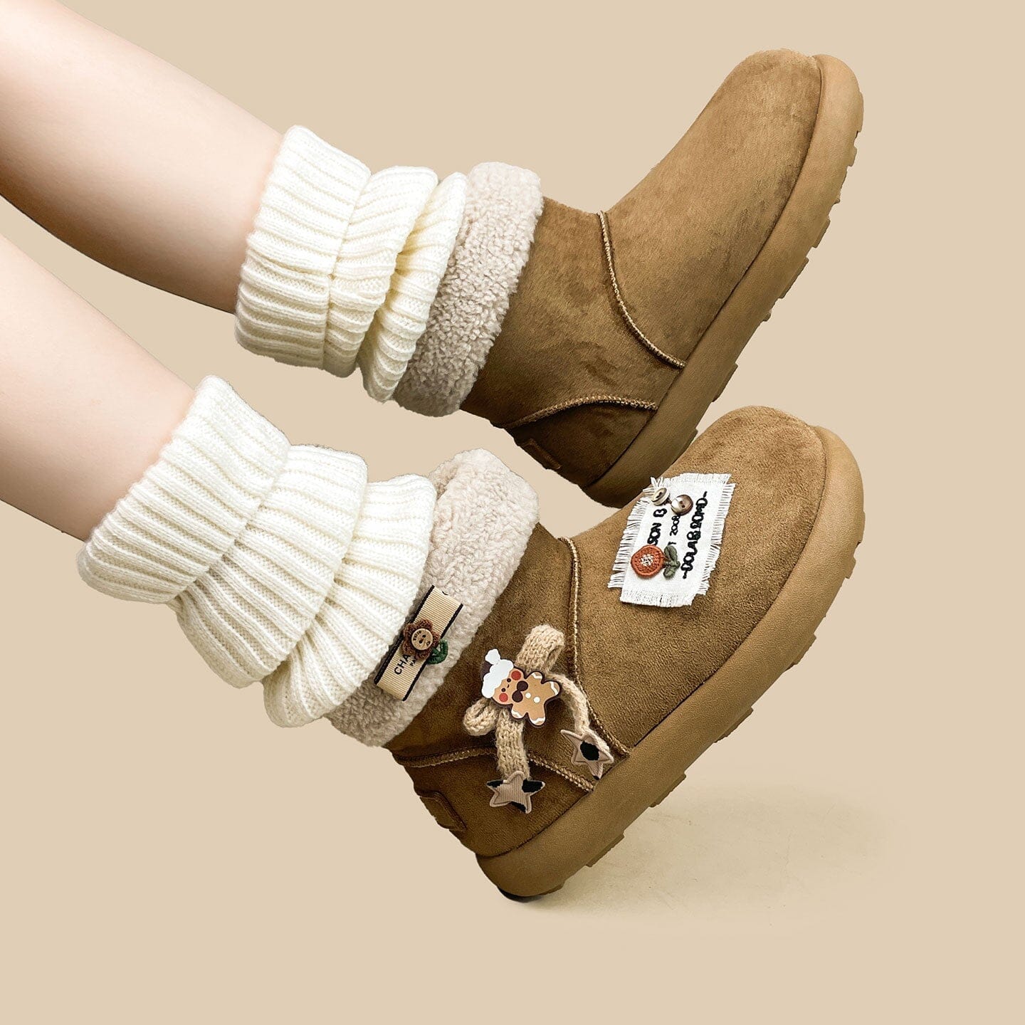 *CLEARANCE* Cozy Patchwork and Bows Ultra Soft Beige Winter Boots - Women's - Image 6