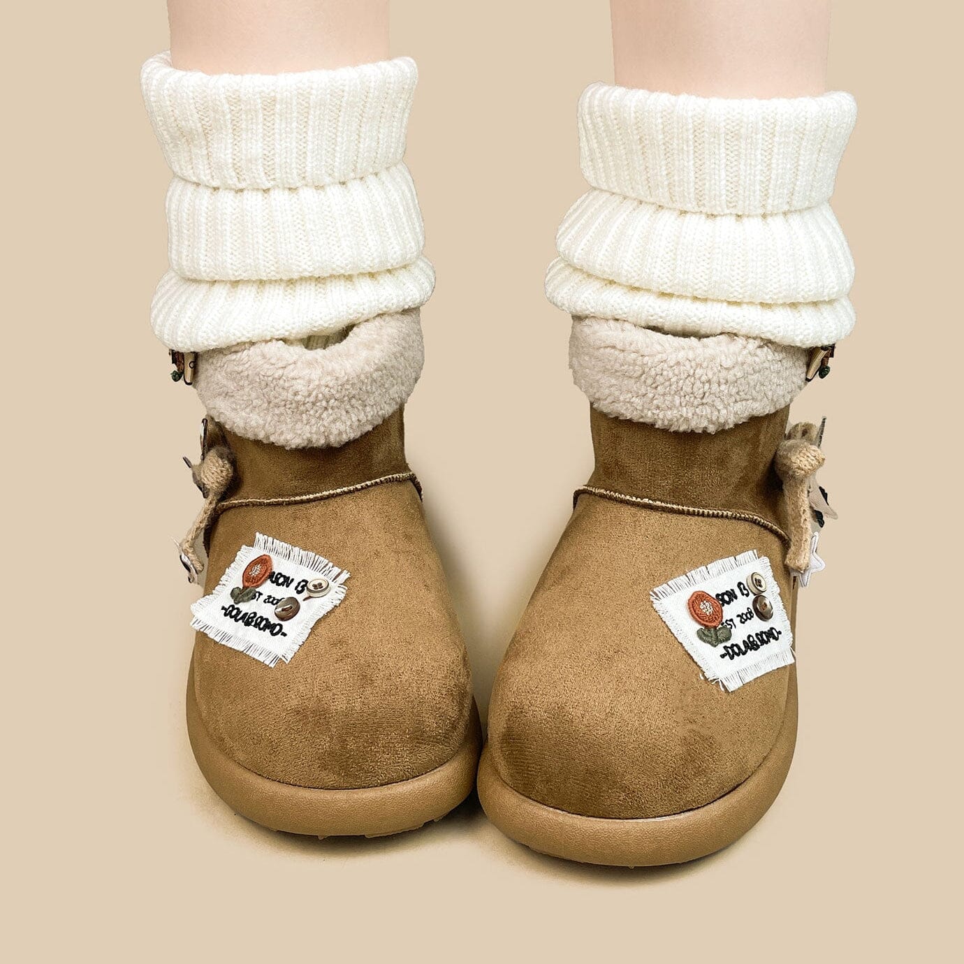 *CLEARANCE* Cozy Patchwork and Bows Ultra Soft Beige Winter Boots - Women's - Image 7