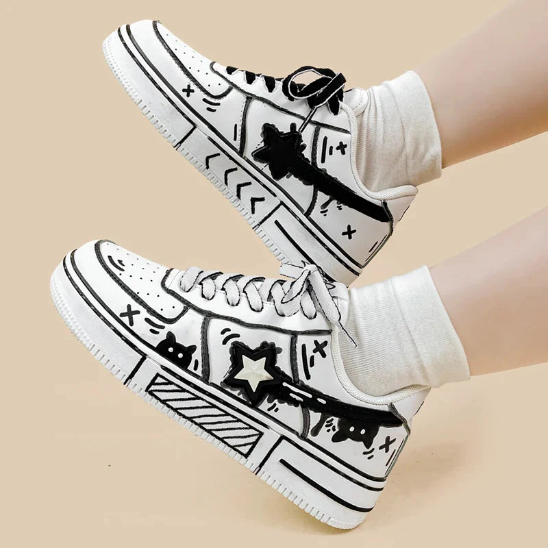 *CLEARANCE* Hand Painted Bold Contrast Casual White Shoes - Unisex - Image 2