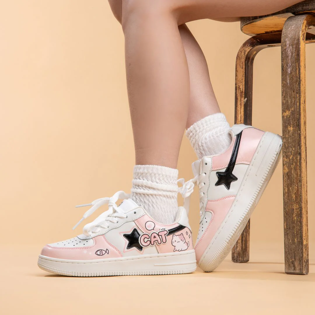 Hand Painted Loving Cat Strawberry Milk Pink Sneakers - Unisex - Image 10