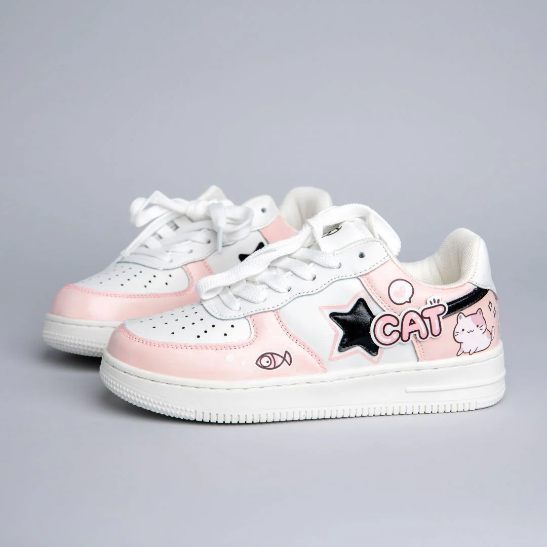 Hand Painted Loving Cat Strawberry Milk Pink Sneakers - Unisex - Image 3