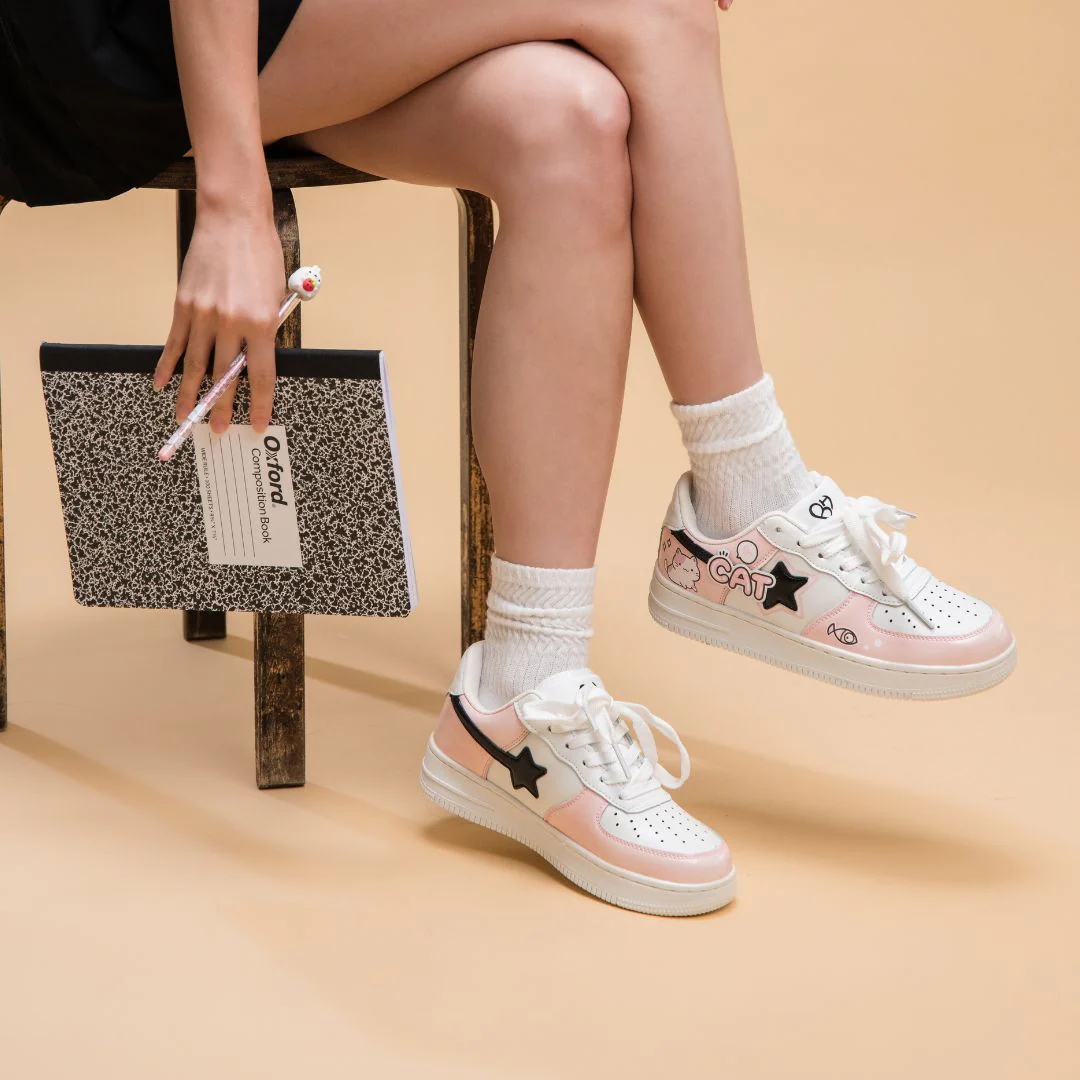 Hand Painted Loving Cat Strawberry Milk Pink Sneakers - Unisex - Image 7