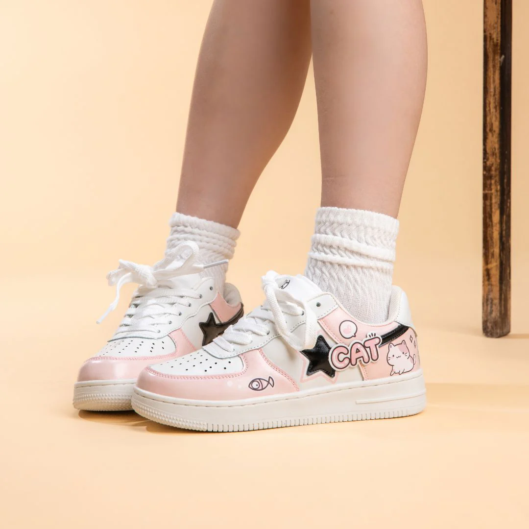 Hand Painted Loving Cat Strawberry Milk Pink Sneakers - Unisex - Image 8