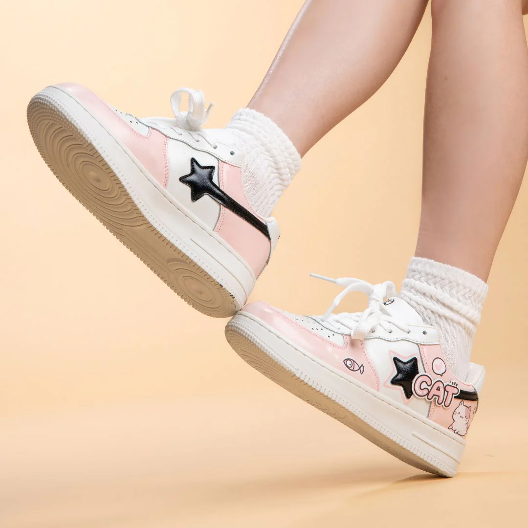 Hand Painted Loving Cat Strawberry Milk Pink Sneakers - Unisex - Image 9