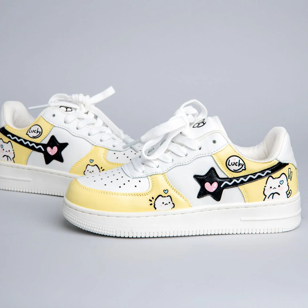 Hand Painted Lucky Cat Butter Yellow Sneakers - Unisex - Image 3