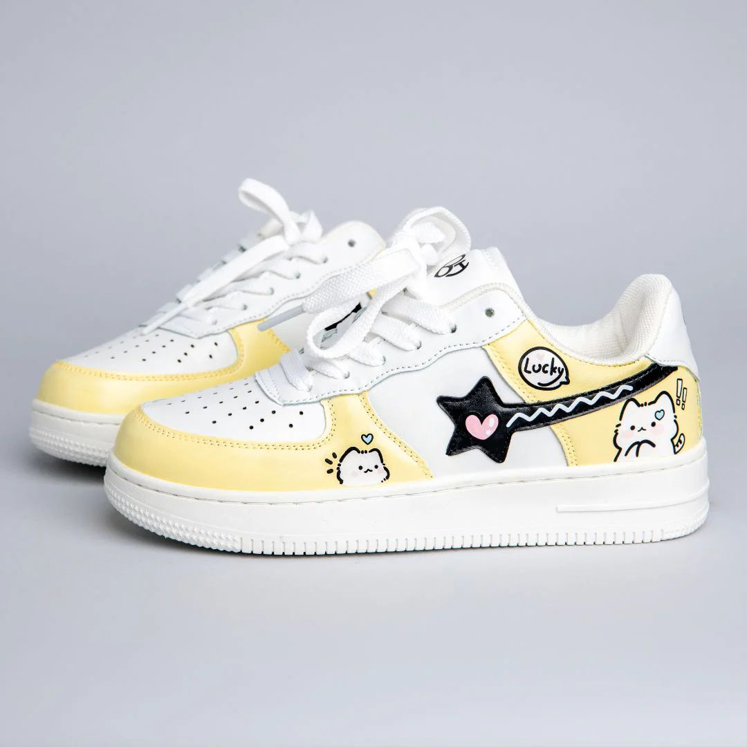 Hand Painted Lucky Cat Butter Yellow Sneakers - Unisex - Image 4