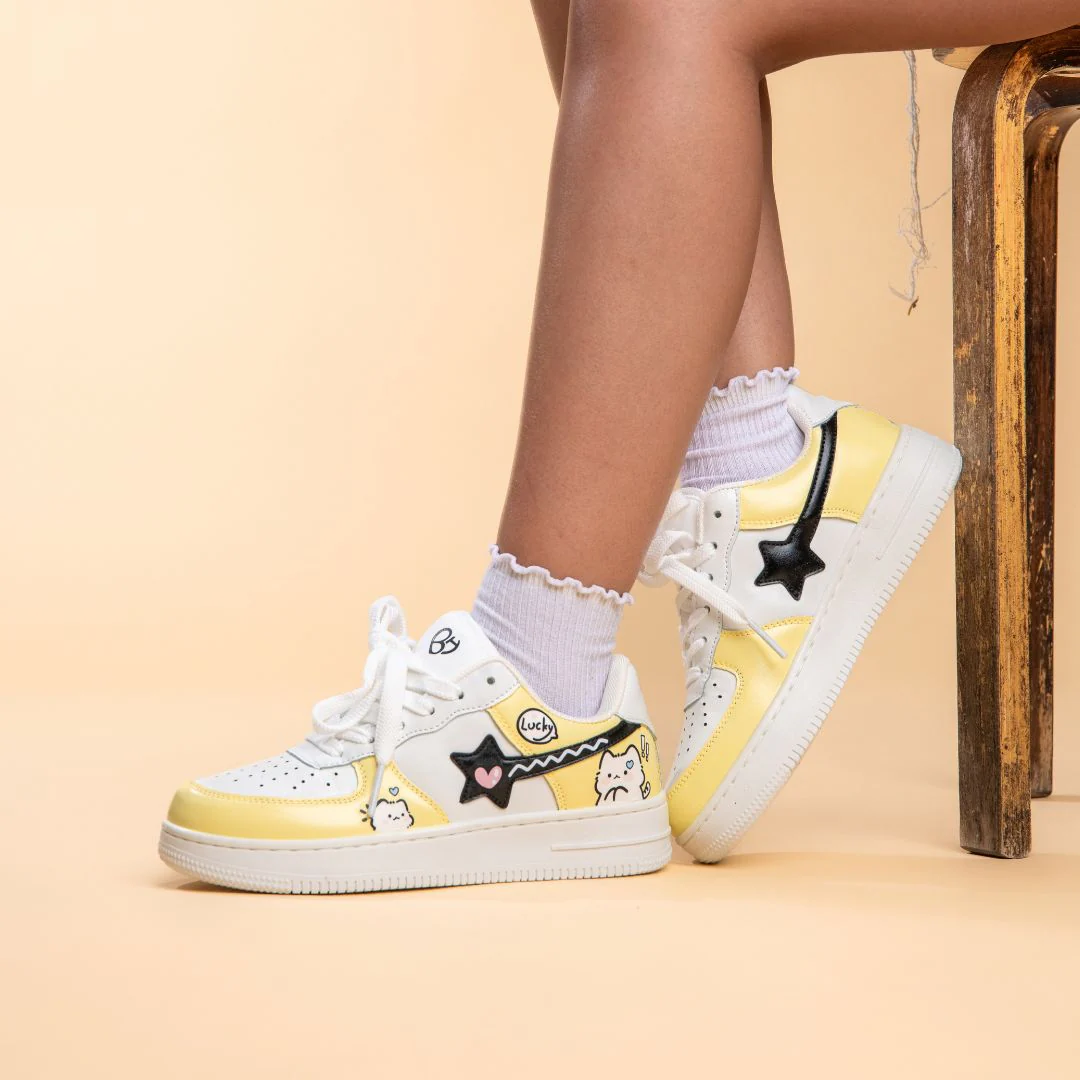 Hand Painted Lucky Cat Butter Yellow Sneakers - Unisex - Image 5