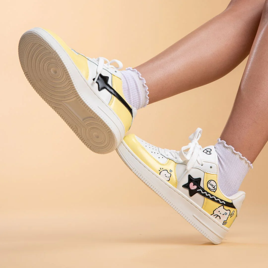 Hand Painted Lucky Cat Butter Yellow Sneakers - Unisex - Image 6