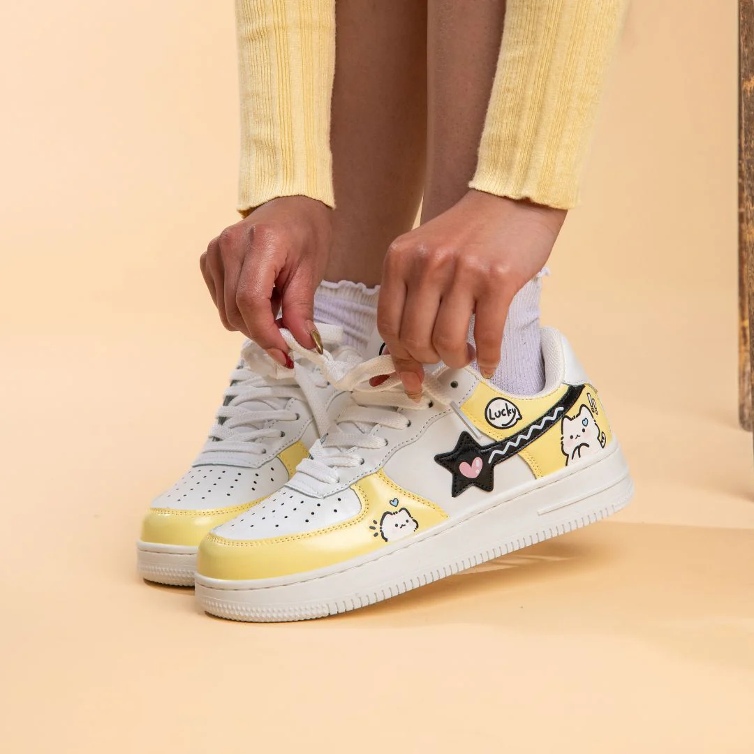 Hand Painted Lucky Cat Butter Yellow Sneakers - Unisex - Image 7