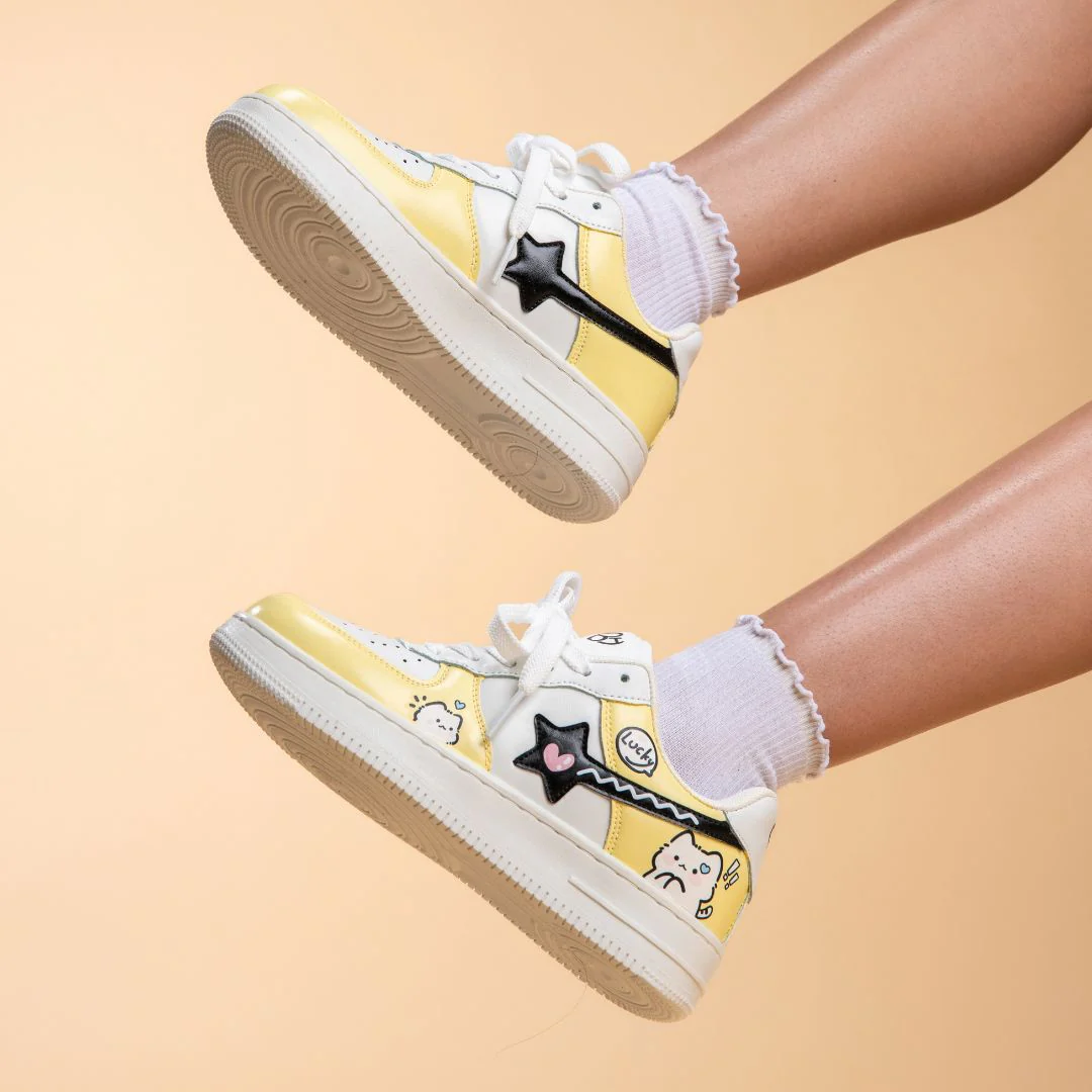Hand Painted Lucky Cat Butter Yellow Sneakers - Unisex - Image 8
