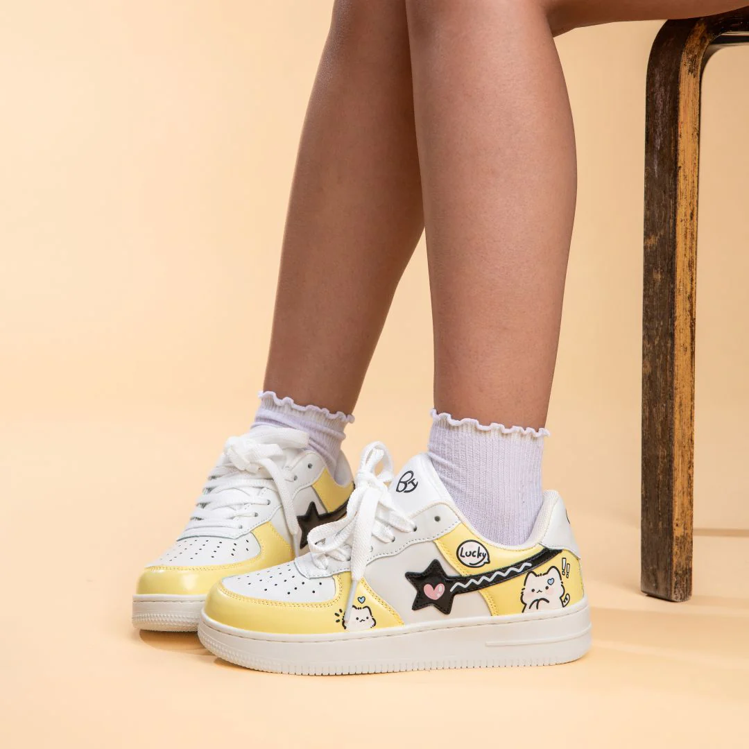 Hand Painted Lucky Cat Butter Yellow Sneakers - Unisex - Image 9