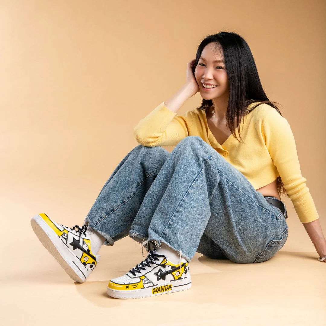 Hand Painted Yellow Panda Casual White Shoes - Unisex - Image 5