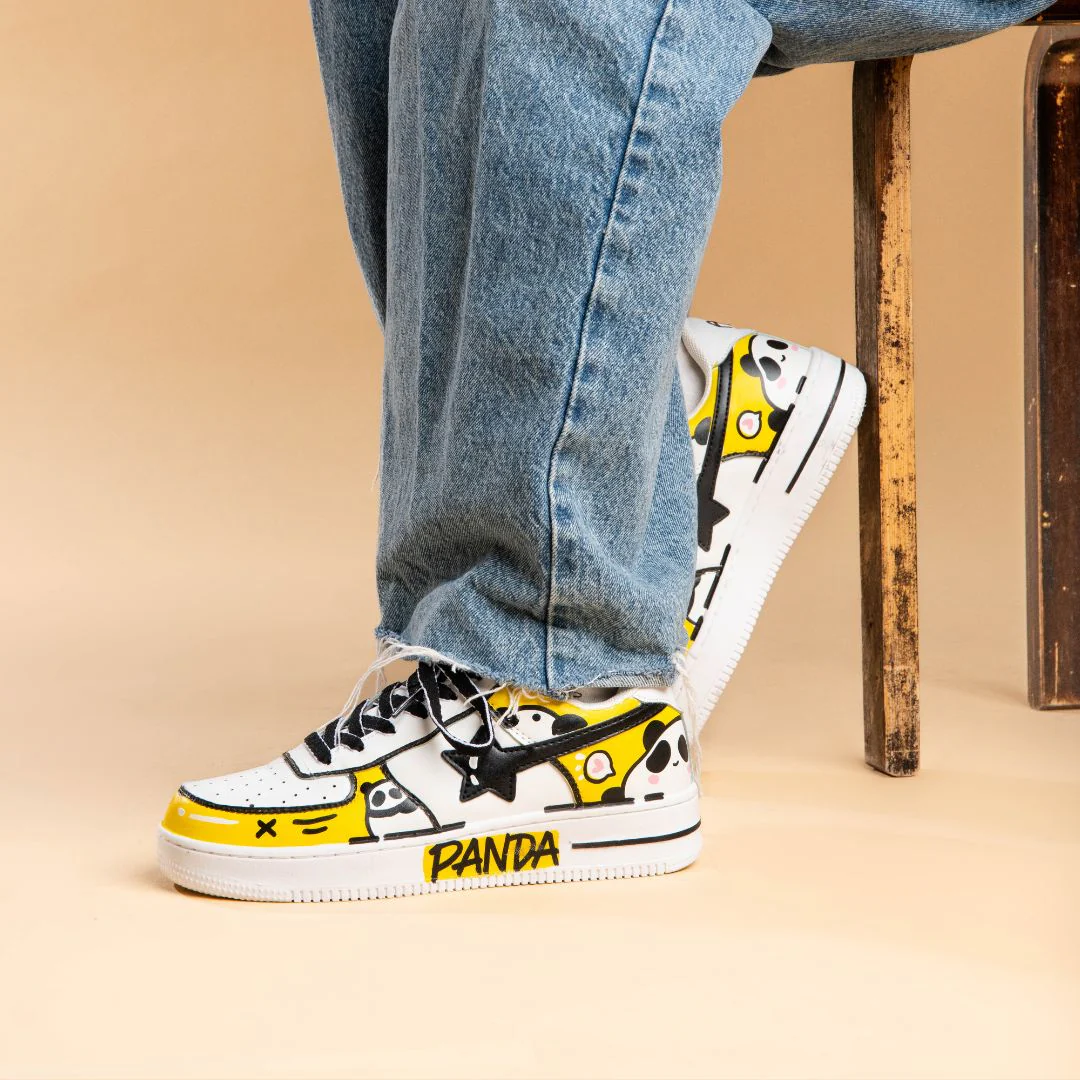 Hand Painted Yellow Panda Casual White Shoes - Unisex - Image 6