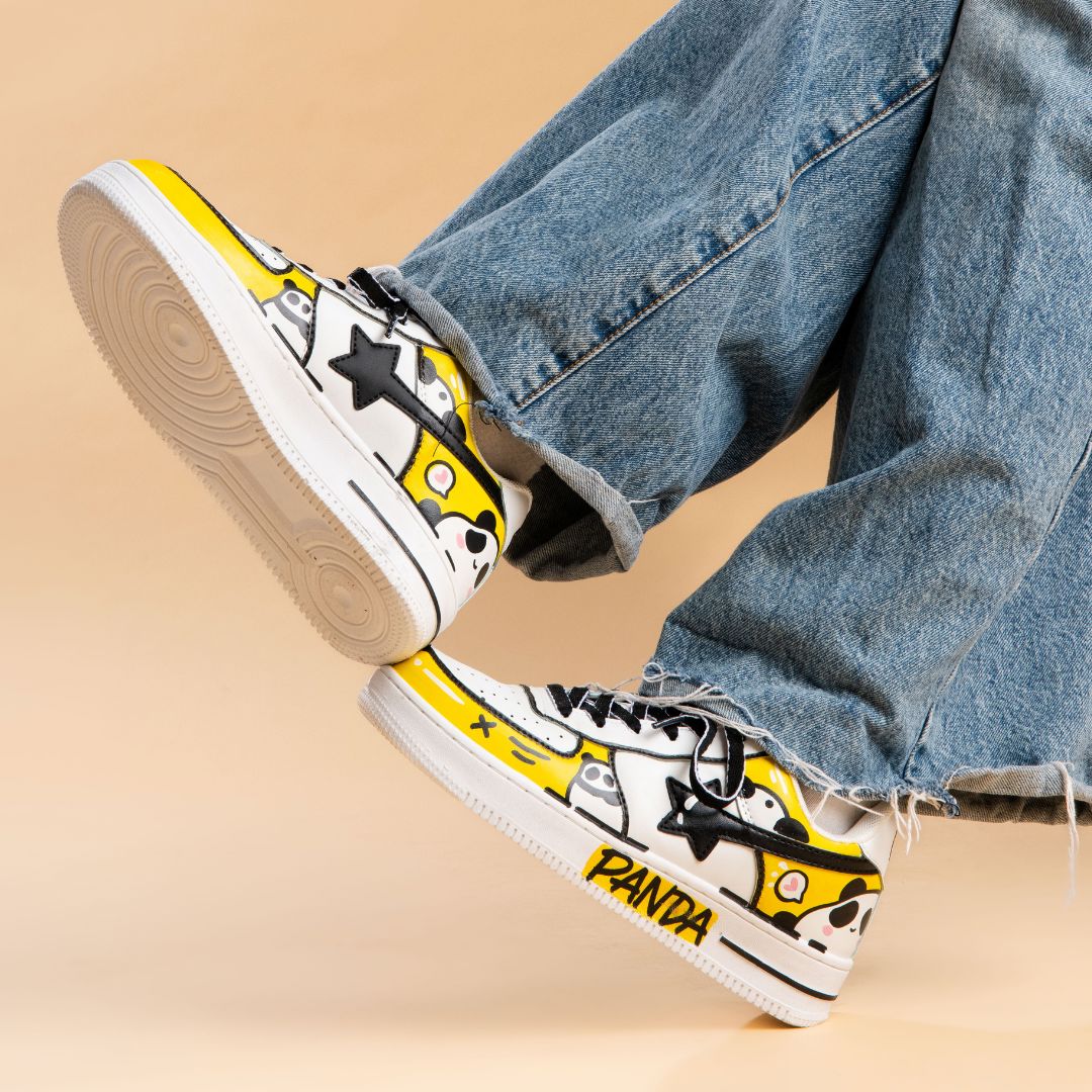 Hand Painted Yellow Panda Casual White Shoes - Unisex - Image 9