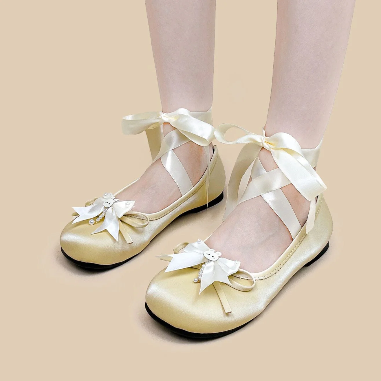 *CLEARANCE* Ultra Pretty Butter Yellow Bunny Satin Ribbon Ballet Flats - Women's - Image 3
