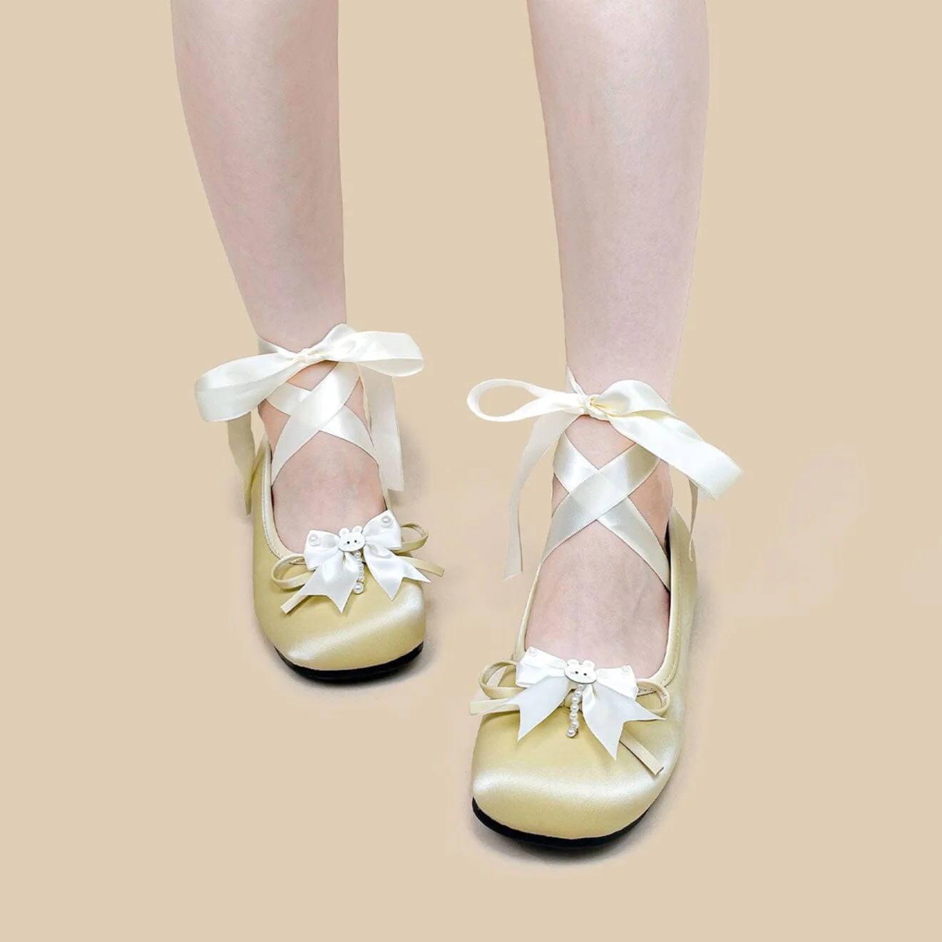*CLEARANCE* Ultra Pretty Butter Yellow Bunny Satin Ribbon Ballet Flats - Women's - Image 4
