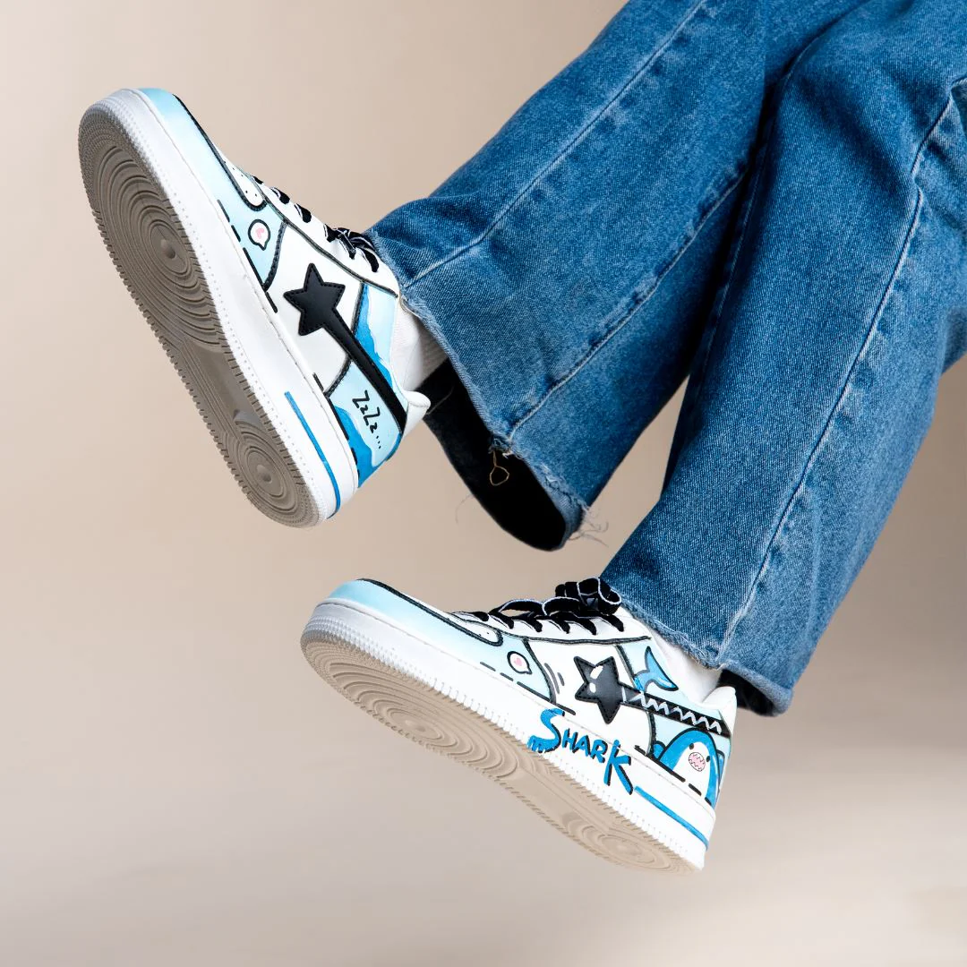 Hand Painted Bruce the Shark Casual White Shoes - Unisex - Image 6