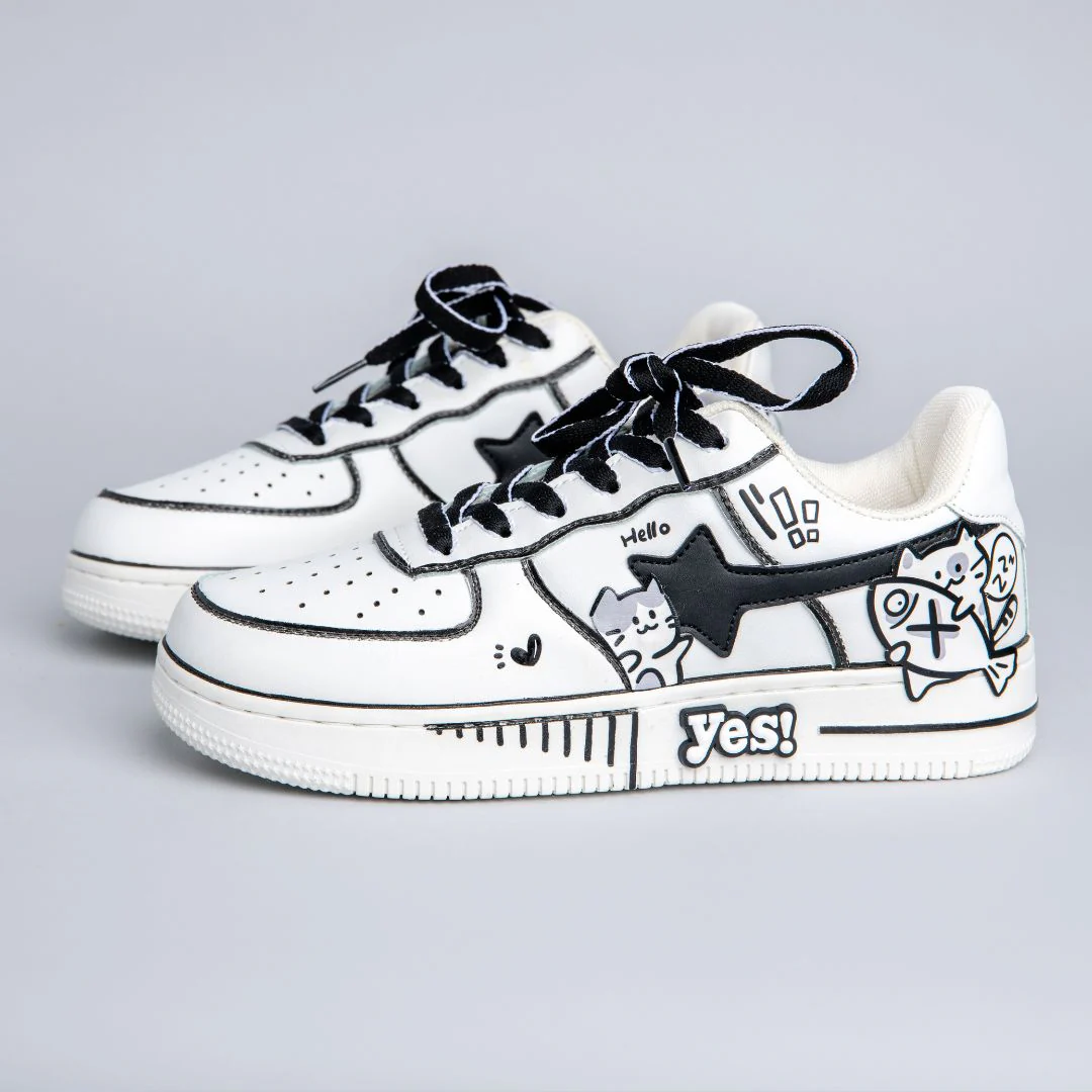 Hand Painted Kawaii Cat Casual White Shoes - Unisex - Image 3