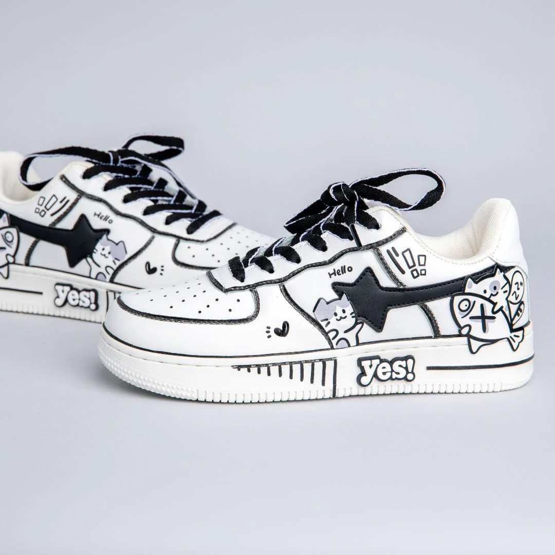Hand Painted Kawaii Cat Casual White Shoes - Unisex - Image 4