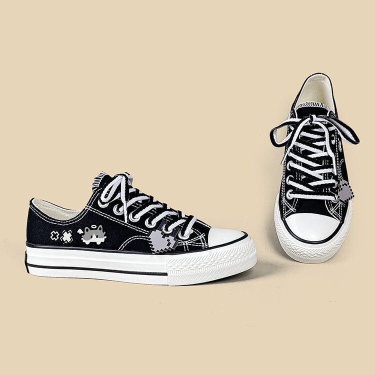 Kawaii Pixel Kitty Black Low Top Canvas Shoes - Unisex - Image 3