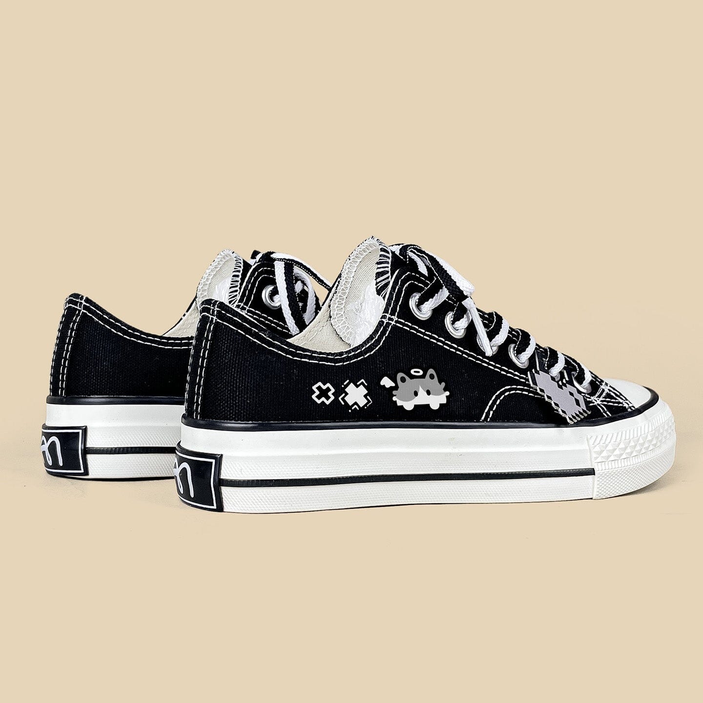Kawaii Pixel Kitty Black Low Top Canvas Shoes - Unisex - Image 6