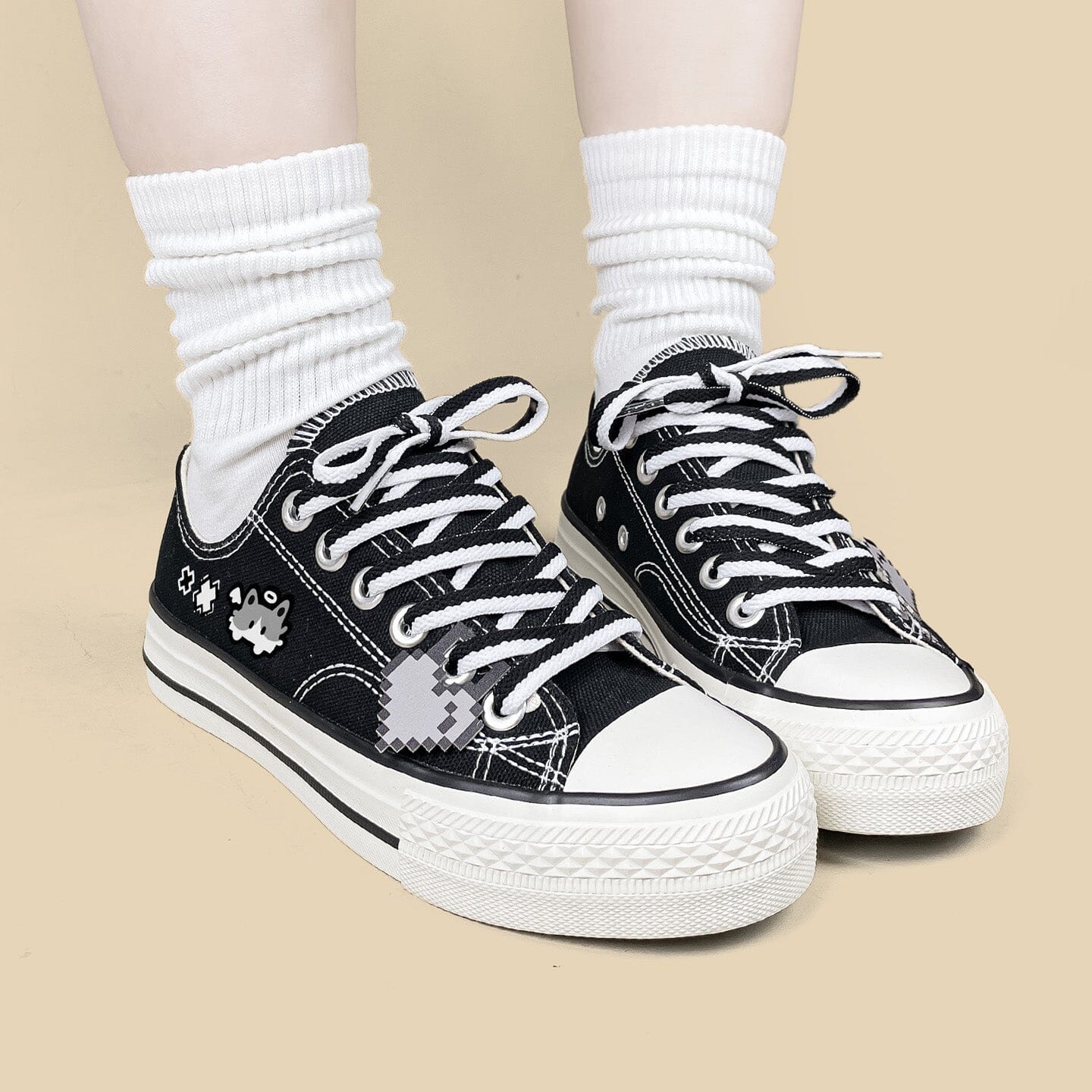 Kawaii Pixel Kitty Black Low Top Canvas Shoes - Unisex - Image 7