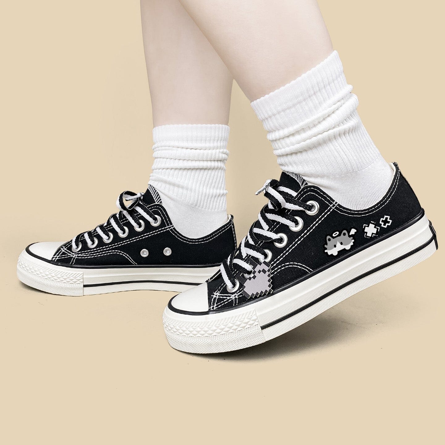 Kawaii Pixel Kitty Black Low Top Canvas Shoes - Unisex - Image 8
