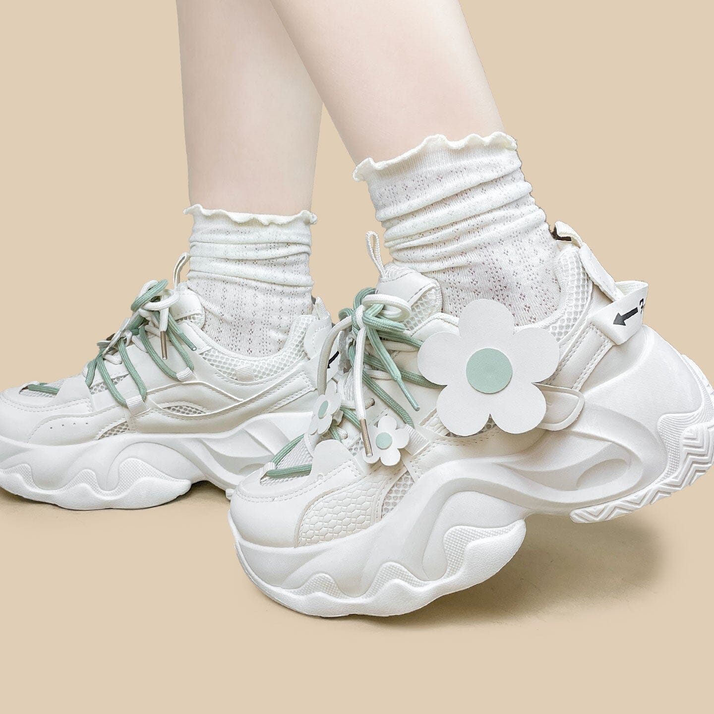 Matcha Green Daisy Flower Charm Chunky Sneakers – Unisex - Image 11