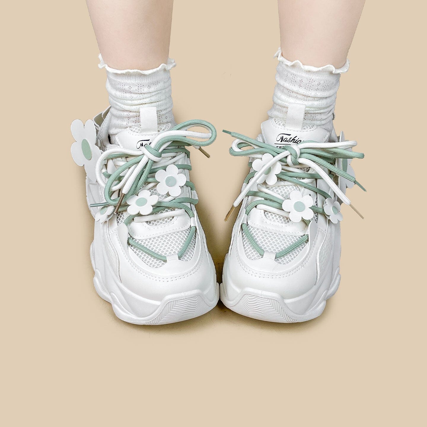 Matcha Green Daisy Flower Charm Chunky Sneakers – Unisex - Image 6