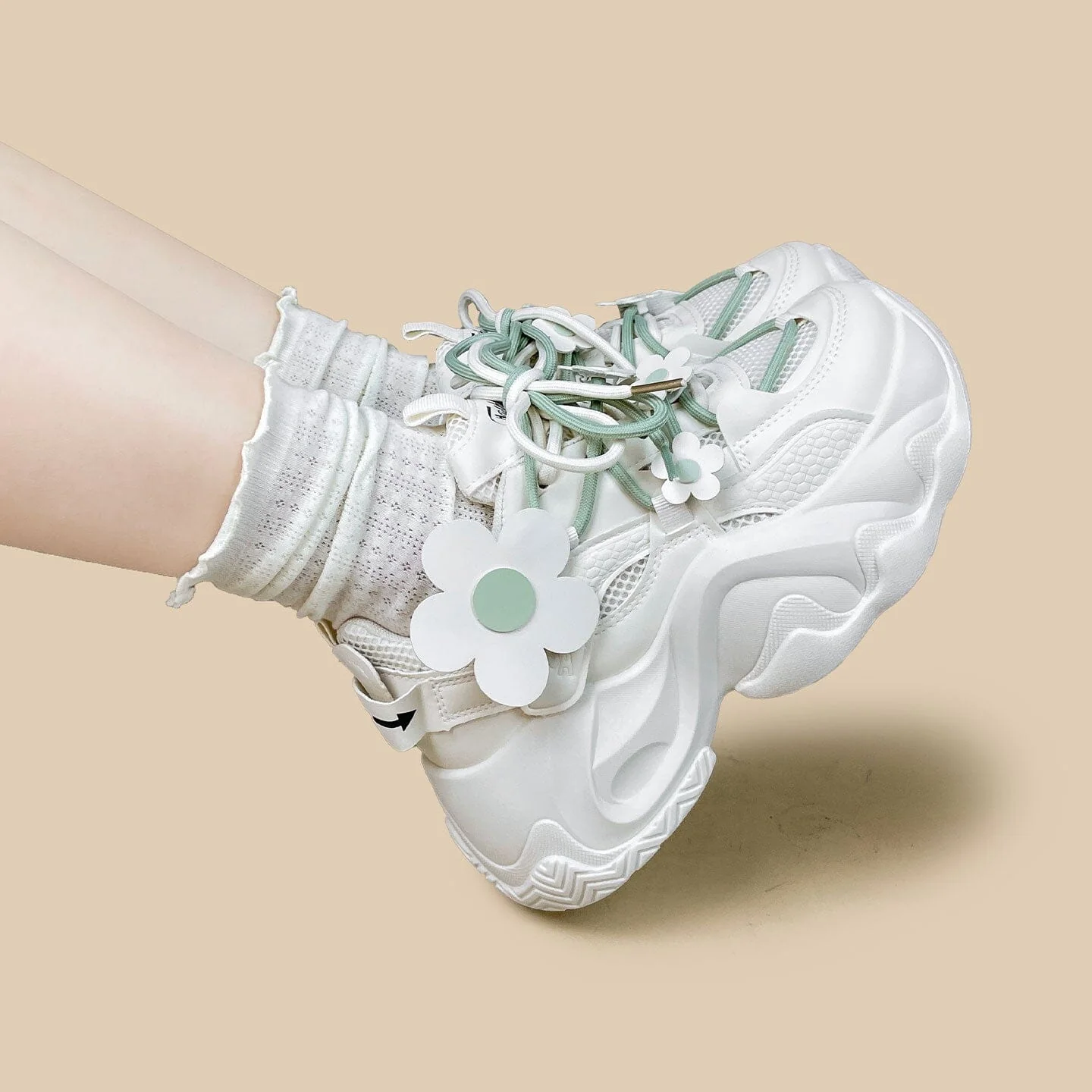 Matcha Green Daisy Flower Charm Chunky Sneakers – Unisex - Image 7