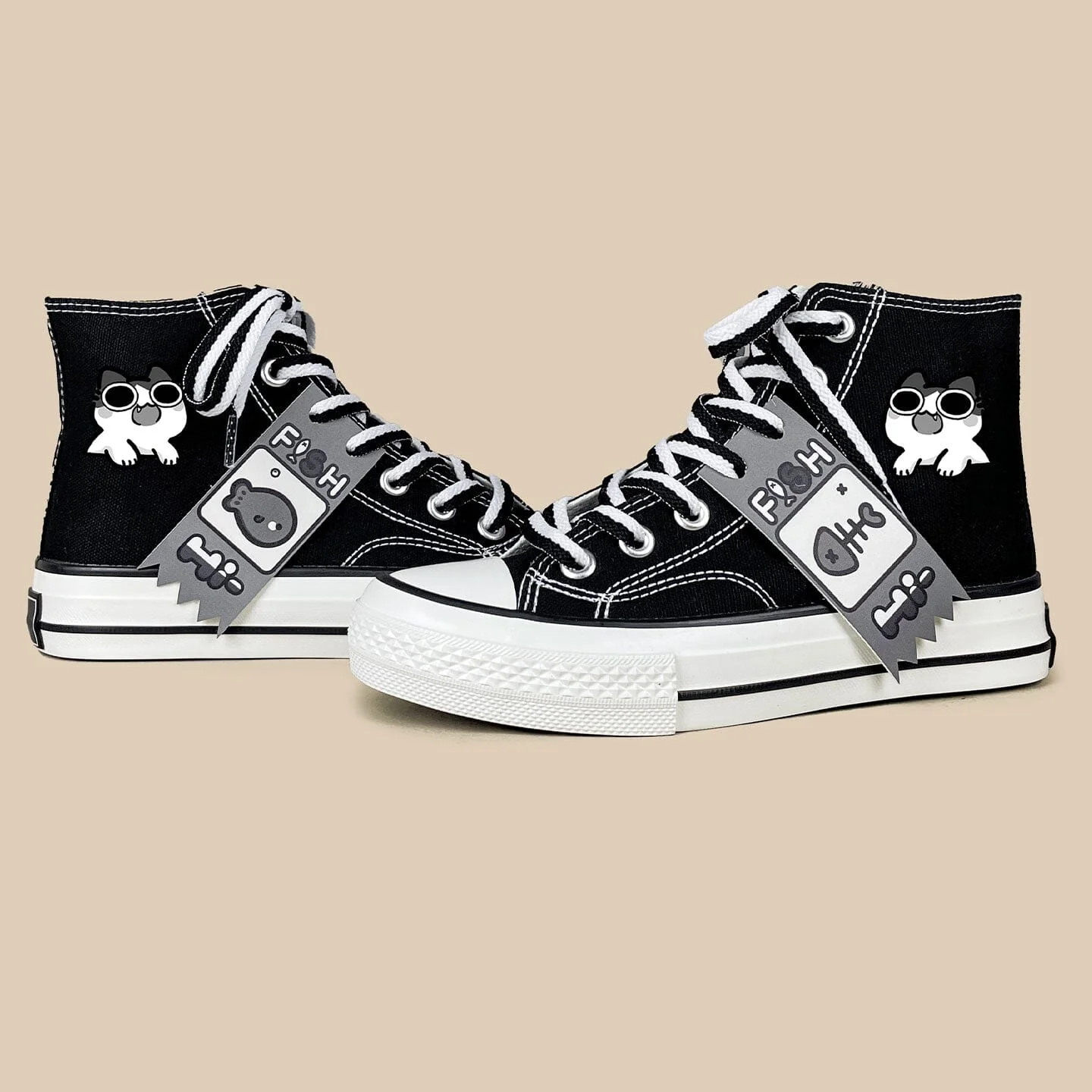 Neko Fish Bone Black High Top Canvas Shoes - Unisex - Image 3