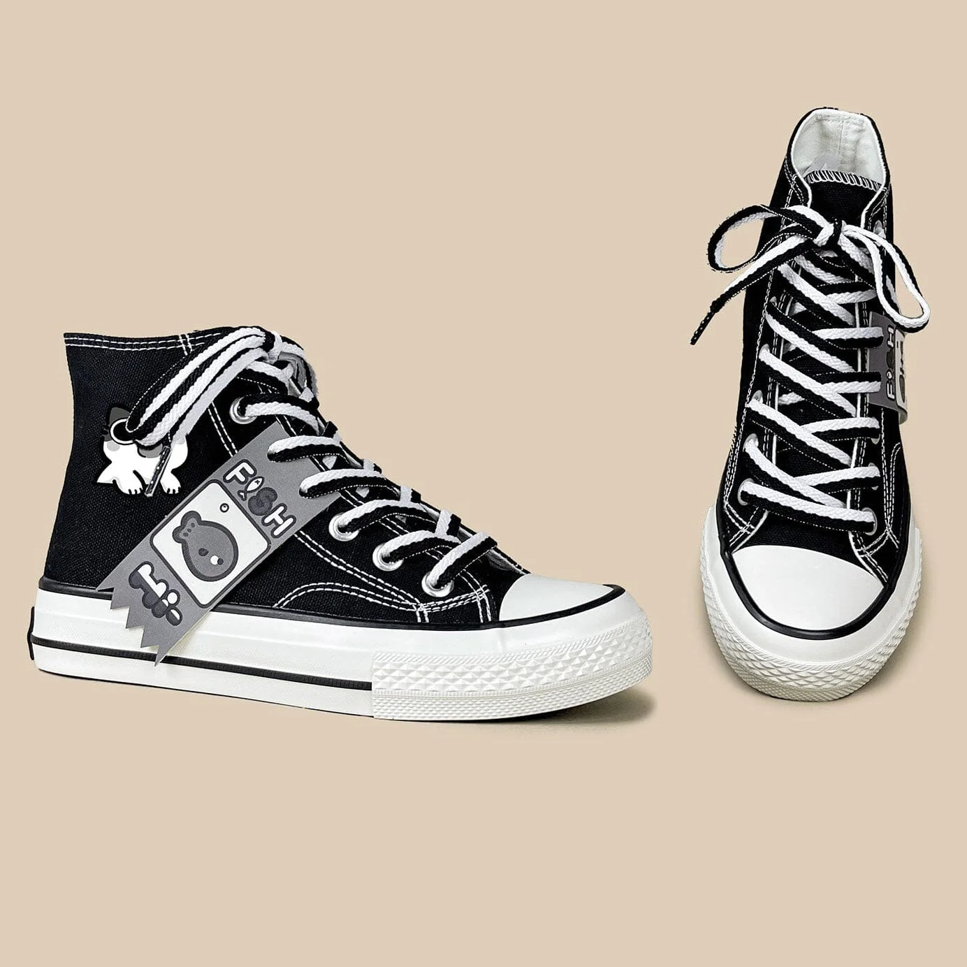 Neko Fish Bone Black High Top Canvas Shoes - Unisex - Image 5