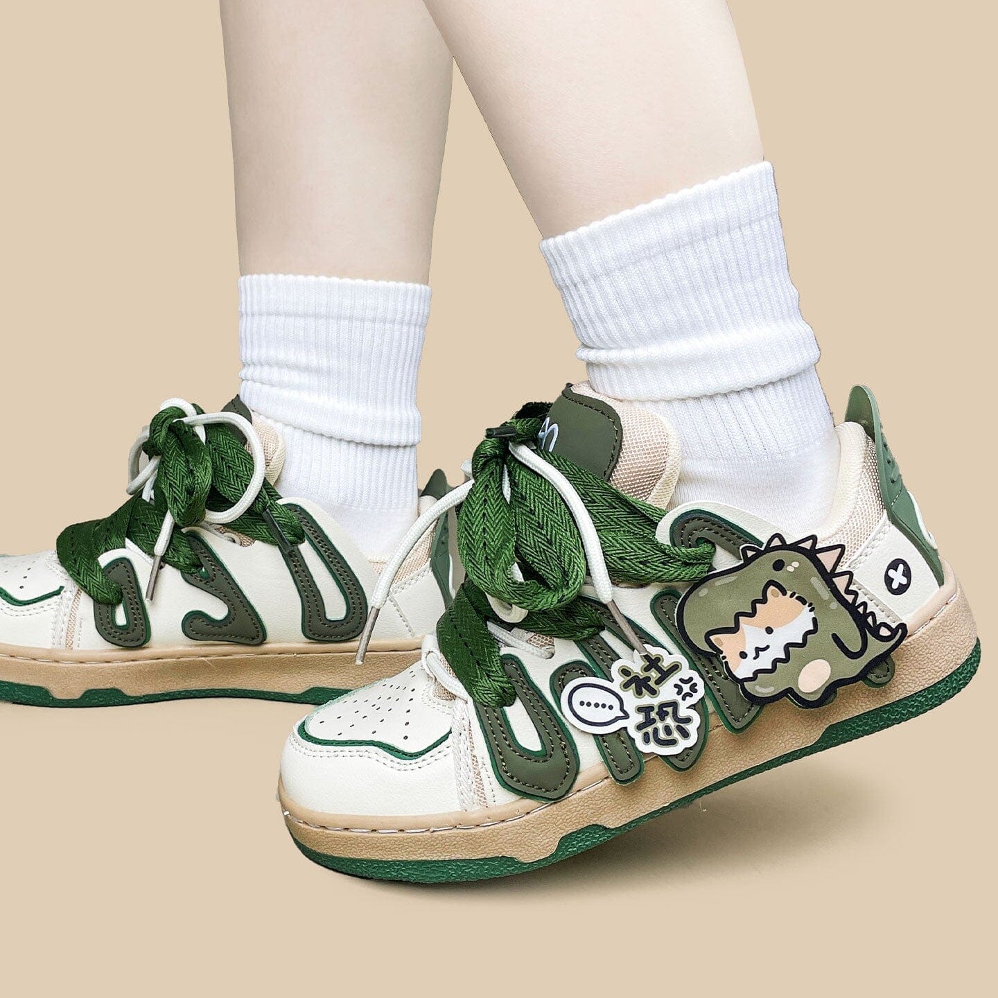 Super Shy Dino Cat Chunky Green Sneakers - Unisex - Image 9